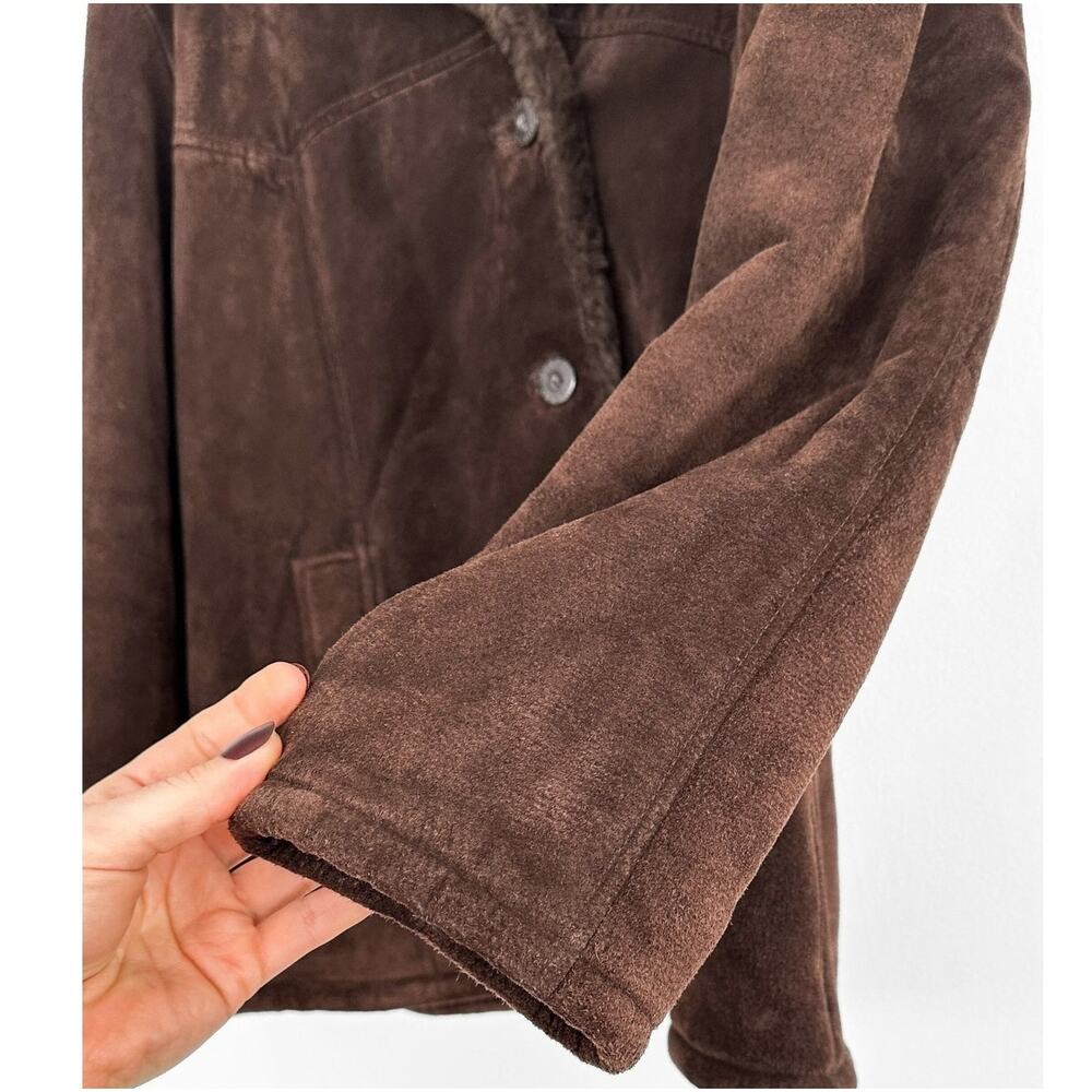Vintage 90s 00s Guess Chocolate Brown Suede Leather Faux Fur Winter Coat large - Picture 3 of 7
